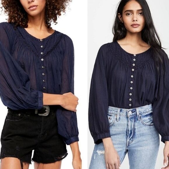 We The Free Cool Meadow Button Down Navy Blue Top Size Small - Picture 2 of 8